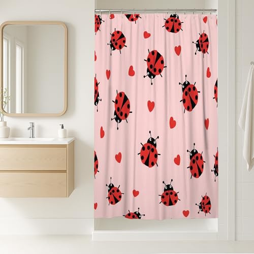 Rideau de douche en toile imperméable avec motif coccinelle, cœur fantaisie, noir, rouge, pour salle de bain, décoration de chambre d'amis, 91,4 x 183 cm