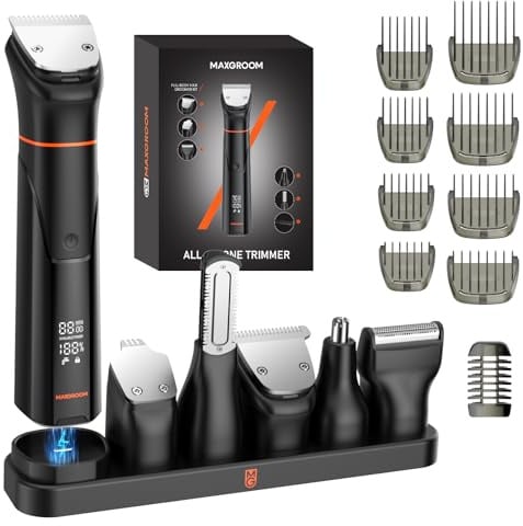MAXGROOM Regolabarba Uomo 6 in 1, Rasoio Elettrico Barba con Due Velocità 6500/7000 giri/min, 120 Minuti Autonomia, Impermeabile IPX6 Rifinitore Barba con Testina Magnetica, Ricarica USB-C
