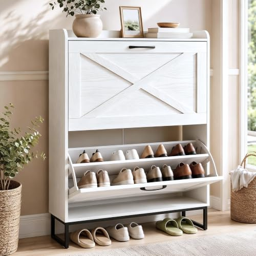 Hawthyhome Slim Shoe Cabinet, White, 80x24x100cm | 2 Flip Drawers, 12-16 Pairs Capacity, Adjustable Shelves, Metal Handles & Legs, Tall Hallway Storage