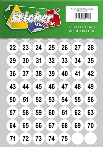 75 nummerierte Klebepunkte, 25 mm, weiß, aus PVC Folie, wetterfest, Markierungspunkte Kreise Punkte Zahlen Nummern Aufkleber