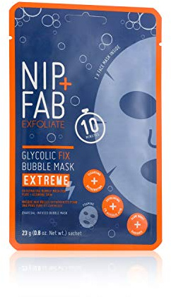 Nip + Fab Glycolic Acid Fix Extreme Bubble Sheet Mask for Face with 2% Glycolic Acid, Hyaluronic Acid and Charcoal, Exfoliating Resurfacing AHA Cleansing Facial Mask, 23 Gram