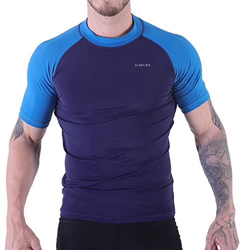 H.MILES Men's Rash Vest Short Sleeve Male Adults Rashguard Swim Base Layer Snorkeling Swimming Surfing Tops Diving Beach T-shirt DK Navy/DK Blue 4XL