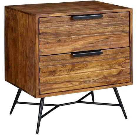 FineBuy Nachttisch 60x40x60 cm Sheesham Massivholz, 2 Schubladen | Nachtkonsole Industrial mit Metallbeinen für Boxspringbett, Nachtkästchen aus Echtholz, handgefertigt