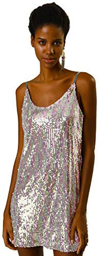 Allegra K Damen Paillettenkleid Ärmellos V-Ausschnitt Party Spaghetti Trägerkleid Glitzer Metallic Minikleid Silber (mit Rosa) S