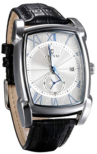 JewelryWe Herren Uhren Analog Quarz Kalender 30M wasserdichte Armbanduhr Römischen Ziffern Rechteckige Geschäfts Beiläufige Uhr mit Echtleder Leder Armband, Weiß Zifferblatt