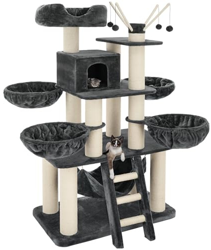tectake® Multi-Level Cat Tree with Sisal Scratching Posts | Soft Cover, Cosy House, Hammock, 4 Beds, Top Perch, Ladder & Toy Balls, 195 cm Cat Tower for Cats & Kittens - Grey/White