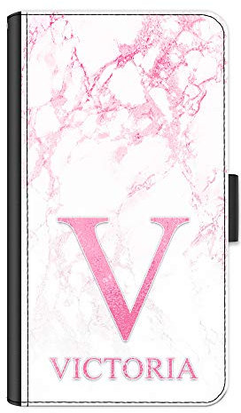 Personalised Initial Phone Case For Apple iPhones, 16, 15, 14,13, 12, 11, Pro Max, Mini, XR, XS, SE, Side Flip PU Leather Phone Case with Pink Initial and Capital Name on Pink and White Marble