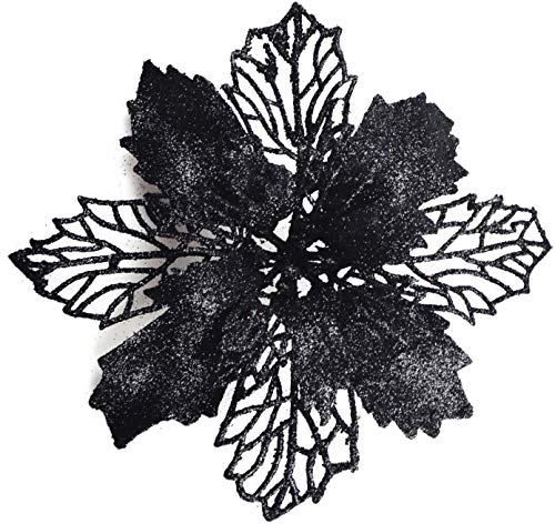 GL-Turelifes 12 Stück 16,3 cm Glitzer-Weihnachtsblumen, schwarzer Weihnachtsstern, künstliche Blumen, Weihnachtsbaum, Blumenkranz, Baumschmuck mit 12 grünen Blumenstielen
