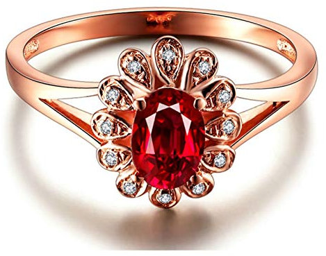 Bishilin Damen Trauringe 750 18K Blume Ring Solitär mit Rubin 0.5ct, Eheringe Ringe Rosegold mit Diamant Große 57 (18.1)