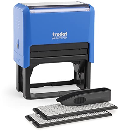 Trodat Sello azul autoentintado autocomponible Fai-Da-Te Printy 4926 tipo, 75 x 38 mm, máximo 8 líneas, incluye cartucho de tinta negra, con pinzas y 2 juegos de caracteres, iconos y números