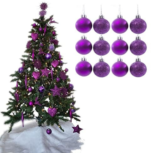 Simply Products Christmas Tree Decoration Baubles 3.8cm - Great Christmas Tree Hanging Ball Decorations, Matte & Glitter Baubles Pack of 12-3.8cm (Dark Purple Matte & Glitter)