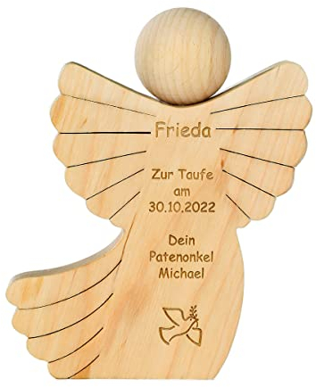 SNEG Holzengel mit Gravur – personalisiertes Engel-Dekoelement aus Erlenholz – Geschenk zur Taufe, Geburt, Kommunion oder Konfirmation – Größe: mittel (ca. 15,5 × 12 cm)