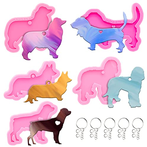 Epoxidharz-Formen-Set – 5 Silikonformen in Hundeform für Harz, Epoxidharzguss, Schlüsselanhänger-Formen, Schlüsselanhänger, Anhänger, Haustiermarke, Polymer-Ton, 65-teilig