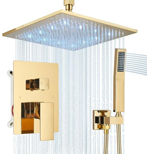 Sistema doccia oro lucido 12 pollici LED quadrato soffione doccia a soffitto montaggio a soffitto rubinetto set con spruzzatore manuale valvola sgrossata Trim Kit miscelatore bagno doccia Combo Set