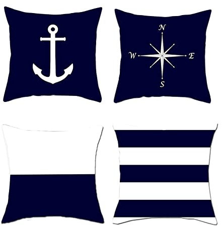 Blue Cushion Nautical navy blue Pillowcase Garden Sofa Decor anchor Cushion Cover for Garden Outdoor Bench beach Cushion stripe Compass Decorative Bedroom Home white Pillowcase 45x45cm Set of 4