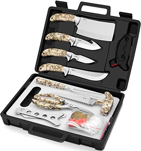 GVDV 15 Pièces Couteaux Chasse Set, avec Couteau d'écorcheur à Crochet, Couteau à Couper, Cisailles à Gibier, Scie à Os, Fourchette de Barbecue, Écarteur, pour Les Hommes
