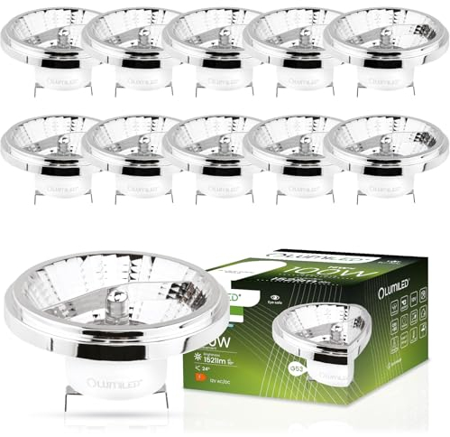 Lumiled LED-Leuchtmittel 10er Set AR111 G53 Fassung Spannung 12V 15W (Entspricht Halogen 100 Watt) Neutralweiß 4000K 24 Grad Abstrahlwinkel Silber 1521 Lumen Ra>80 Aluminium PC