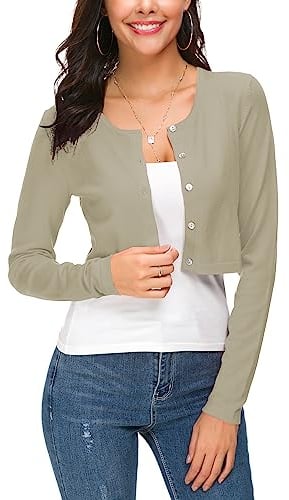 EEVASS Femmes Manches Longues Bolero Court Cardigan Collier Rond Tricot Gilets Sweaters avec Boutons (L, Abricot)