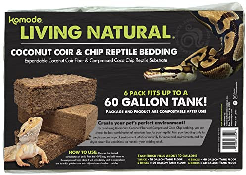Komodo Reptilien-Kokosfaser-Chip- und Torf-Bündel | 4 Ziegel Chips und 2 Ziegel Torf-Reptilien-Terrarium-Bettwäsche | passend für bis zu 18 Liter Tank