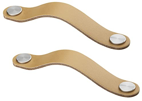 SOTECH 2 x Möbelgriff OSTERNAS helles Khaki BA 128 mm schwarz (passend für 6 mm Bohrung) aus echtem Rindsleder und Schraubknöpfen aus echtem Edelstahl/Ledergriff mit Befestigungsschrauben