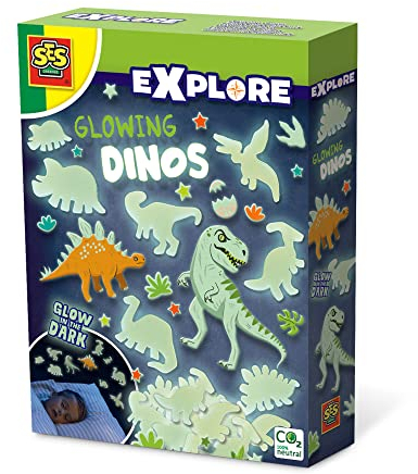 SES Creative | Phosphoreszierende Wand-Dinosaurier | Deko-Kit Kinderzimmer 5 Jahre + | 24 Leuchtende Dinos + Aufkleber | Leuchtende Dinosaurier Spielzeug | Geschenkidee Junge