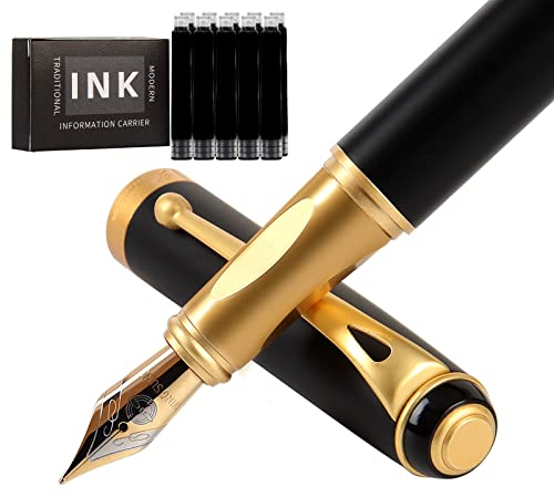 Zalantan Fountain Pen - Smooth Writing Metal Water Pen With Gift Case, Medium Nib, Consistent Flow, 10 Cartridges and Refill Converter (Gold)