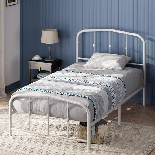 Zinus Heidi Single Bed frame - Bed 90x190 cm - 30 cm Height with Underbed storage - Metal platform Bed frame with Spindle Headboard and Footboard - White