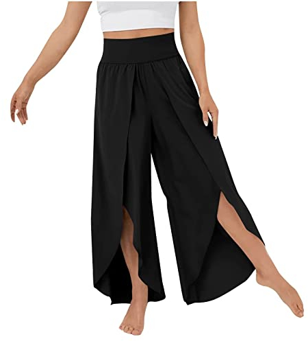Fannyfuny Culottes Hosen Damen Leichte Sommerhose,Damen Wickelhose mit Schlitz Weites Bein Rüschen Hose Damen Sommer Yogahose Leicht Luftige Sommerhosen Plissee Bequeme Sporthose für Frauen Schlaghose