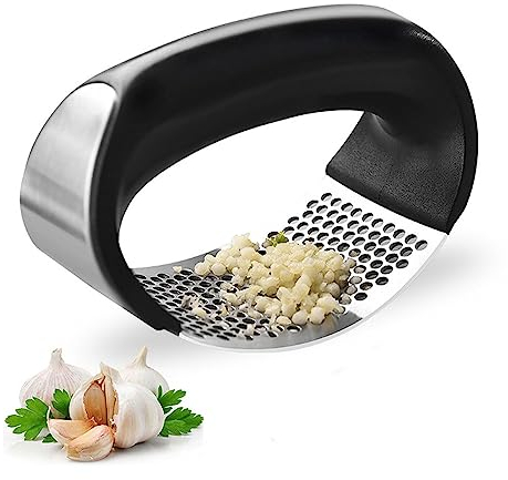 Garlic Press Stainless Steel Rocker, Garlic Crusher No Need to Peel Suitable for Kitchen Ginger Mincer Chopper Grater Easy to Clean Labor Saving