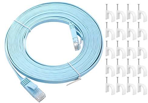 Cat 6 Ethernet Cable 10M, High-Speed Flat RJ45 LAN Gigabit Network Cable with 100 Fixing Clip, Pure Copper Core Ethernet Cable 100Mbps Transmission Rate(BLue)