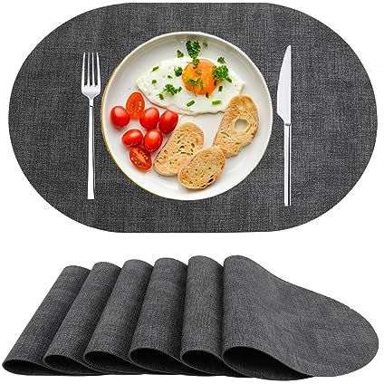 Platzsets Abwaschbar Tischsets 6er Set PU-Leder, Hitzebeständig, rutschfest, Platzset für Esstisch, Küche Oval Schwarz