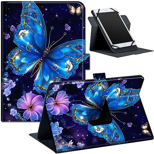 Universal Tablet Case for 9-10.5 inch Tablets, Fit for Fire HD 10, Stand Folio Case with Adjustable Fixing Band and Multiple Viewing Angles, Blue Butterfly