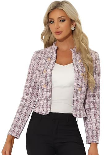 Allegra K Blazer en Tweed à Carreaux Vintage pour Veste Courte de Bureau Coupe ajustée pour Femme Rose XS