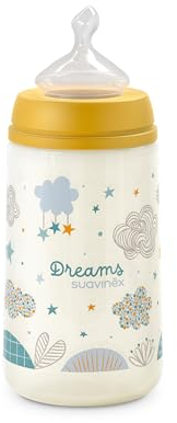 Suavinex Biberón 270 ml Con Tetina Anatómica de Silicona, Válvula Anticólico, Flujo Medio (M) Para Bebés 0-6 Meses, Dreams Amarillo