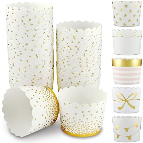 Frau WunderVoll® 50 Muffin Backformen weiß Gold (metallic) Punkte Konfetti, Durchmesser 5 cm/goldene Muffins Muffinbackform Muffinform Form Backförmchen Cupcake Formen Förmchen Papier Cupcakeformen