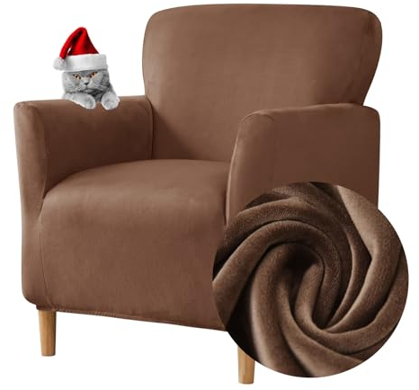 Highdi Stretch Sesselhusse - Elastische Samt Sofaüberzug für Clubsessel Mit Armlehne - Weicher Sesselschoner Sitzbezug Hussen (Braun)