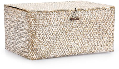 IGNPION Seagrass Storage Basket with Lid Woven Desktop Basket Bathroom Storage Organiser Box, Living Room Decorative Under Shelf Basket Multipurpose Storage Hamper(Whitewash,XL)
