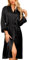 Sopesil Women's Satin Dressing Gowns Long Ladies Kimono Morning Robes Bridal Soft Wedding Party Sleepwear V-Neck,Black, XL