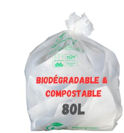 Sac Poubelle Blanc Biodégradable et Compostable | Lot de 50 Sacs Eco-Responsables | Fabrication Matières Végétales : Amidon de Maïs | Resistant - Etanche | OK Compost EN12432 (80L)