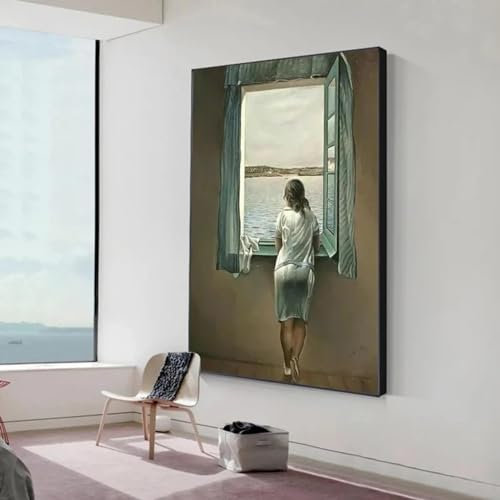 JACBON Fille classique vue arrière Portrait fenêtre mur Art impression toile peintures affiche salle de bain mur photo pour salon décor 42x60 cm (17x24 pouces) cadre interne