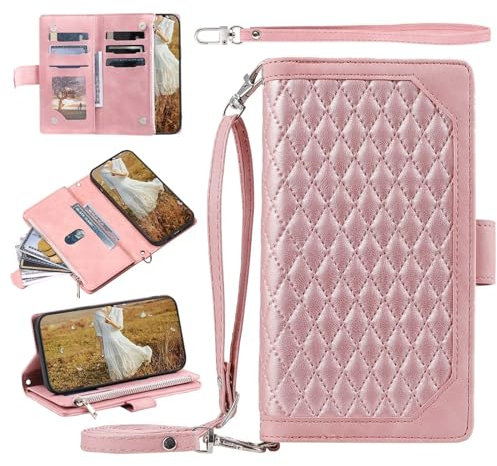 FMPCUON Custodia per Google Pixel 9 Pro, Custodia a portafoglio in pelle di grande capacità per carte di credito, tasca con cerniera, cinturino da polso magnetico - Rosa