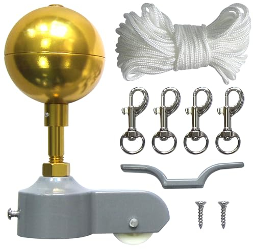 IGTOPS Fahnenmast Zubehör Set, Fahnenmast Reparaturset,Fahnenmast-Reparaturteile inkl.Kugel,Seil,Karabiner, Klampe,Topper aus Aluminium mit Seilrolle Flag Parts, Gold