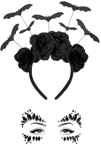 Fledermaus Haarband, 2pcs Halloween Kopfschmuck, Glitzer Tattoos Gesicht, Fledermaus Haarreif, Gesichtsaufkleber, Halloween Accessoires, Damen-Kostümzubehör für Halloween-Karneval-Cosplay(Schwarz）