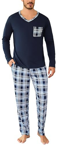 Aseniza Pigiama da Uomo Invernale in Cotone Set Pigiama Due Pezzi Maniche Lunghe con Scollo a V e Pantaloni Scozzesi con Tasche(265-Blu Scuro e Bianco,XXL