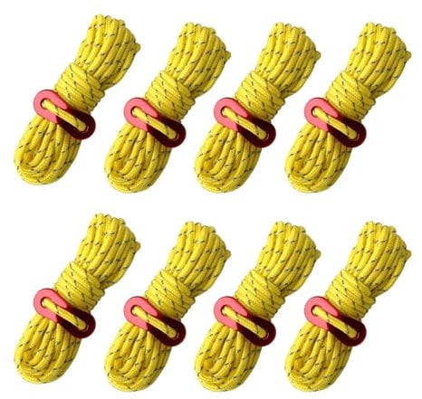8 Stück Gelb Abspannseile Camping Zeltschnur mit Aluminiumlegierung Spanner Reflektierend Abspannseile für Zelt Camping
