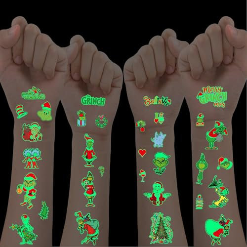 ROMANVIC Weihnachten Tattoos für Grinch,10 Blätter Leuchtende Kindertattoos Adventskalender Weihnachtsstrumpffüller,Tattoos Aufkleber für Glühende Weihnachtsfeier Adventskalender füllung Kinder