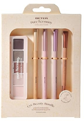 Beter - Set Pennelli per trucco per occhi e Palette di Ombretti con 4 tonalità + illuminante, Pure Harmony, 4 pennelli per occhi e sopracciglia, Setole sintetiche e fibre di bambù