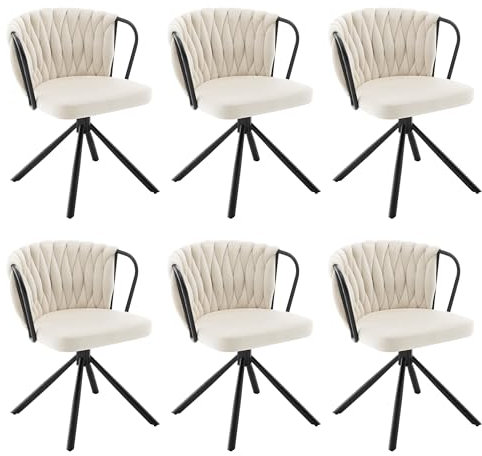 WOLTU Chaise de Salle à Manger Pivotante Lot de 6, Fauteuil Rembourré avec Dossier Tressé et Pieds en Métal, Chaise Scandinave, en Velours,Crème,EZS72cm-6