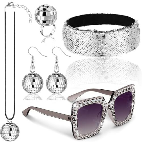 Sunwuun 5 Stück Disco Accessoire Set,Glitzer Discokugel Ohrringe Halskett Ringe Bling Stirnband,70er 80er Damen Glitzer Kostüm Accessoires,Karneval Party und Silvester Outfit Damen Glitzer Accessoires
