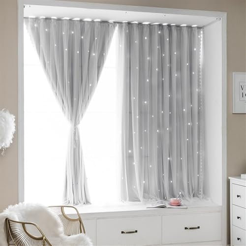 GLETSF 2-In-1-Vorhänge Im Paste-Stil Für Wohnzimmer Und Schlafzimmer, Plissee-Vorhänge Und -Gardinen Aus Spitze Zur Verdunkelung des Raums, Dekorative Vorhänge Mit Sternmus